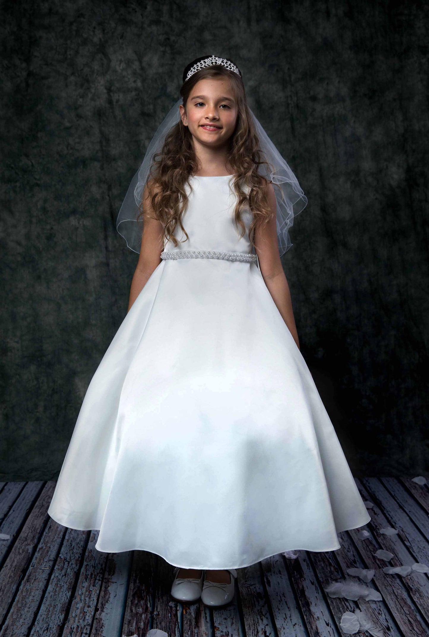 Dress - Long Satin Pearl Trim Communion Dress