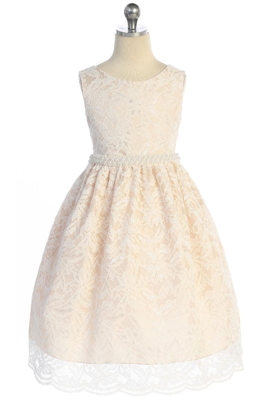 Lace V Back Bow Dress w/ Thick Pearl Trim