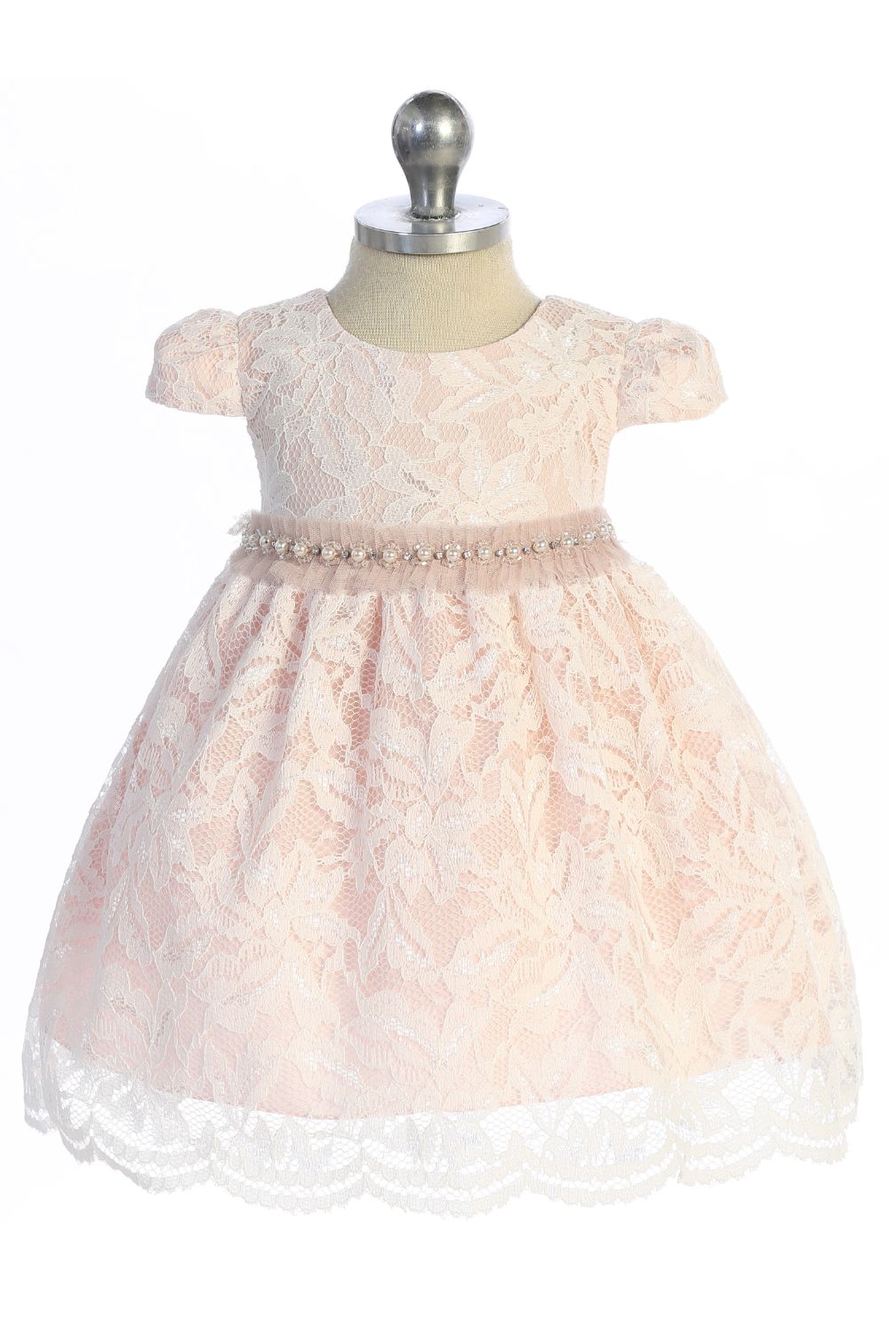 Lace V Back Bow Baby Dress w/ Mesh Pearl Trim